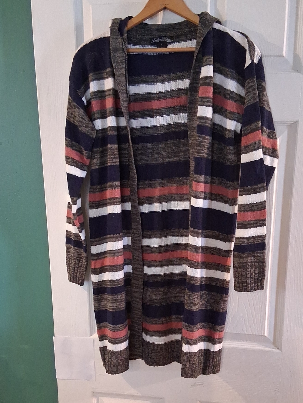 Striped Hooded Open-Front Cardigan in Navy, Rust, Cream, and Olive
